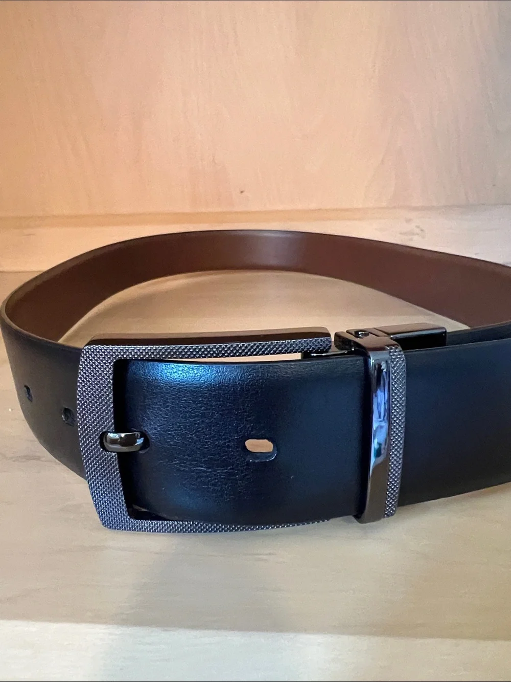 Reversible Black/Brown Leather Dress Belt with Textured Buckle